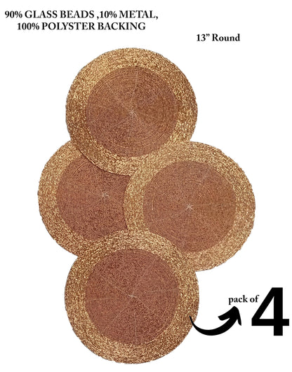 Glitz Handmade Beaded Charger Placemats - Set of 4 Handmade Beaded Placemats - Everyday Dining Essentials for Halloween, Harvest, Autumn, Fall, Holidays, Christmas - 13 Inch Round, Copper Tonal