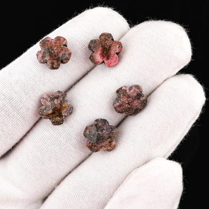 CRYSTALINES 5pcs, Wholesale Natural Rhodonite Gemstones, Bulk Flower Shape Stones, Assorted Loose Supply, DIY Craft-Jewelry Making, Chakra Healing Crystals, Gem Collection, 10-12mm