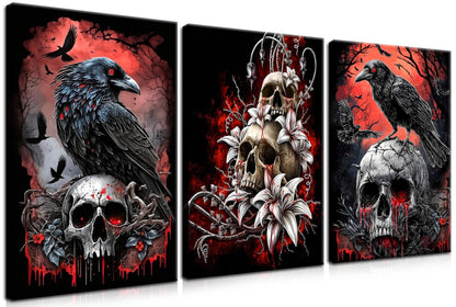 3 Piece Gothic Halloween Canvas Wall Art – Framed Dark Crow Floral Skull Prints, Spooky Romantic Aesthetic Gothic Pictures for Living Room, Bedroom, Bathroom Halloween Decor – 12x16in