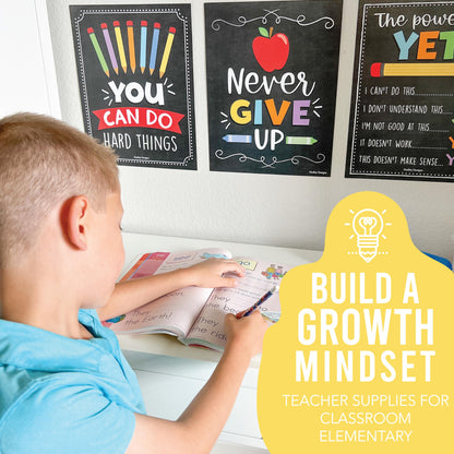 Hadley Designs Motivational Poster for Classroom Decor - 9 Growth Mindset Classroom Posters Elementary, Inspirational Wall Decor Middle School, Teacher Must Have, Chalkboard Bulletin Board Decorations