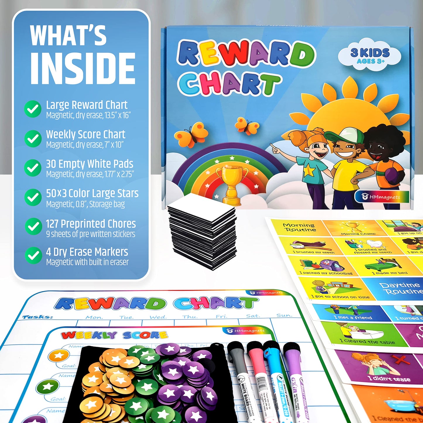 Large Magnetic Reward Chart for Multiple Kids (1-3 Kids) - 127 Pre-Written Stickers (Including Potty Training) + 30 Custom Chores - Behavior, Responsibility & Incentive Star Chart for Your Fridge