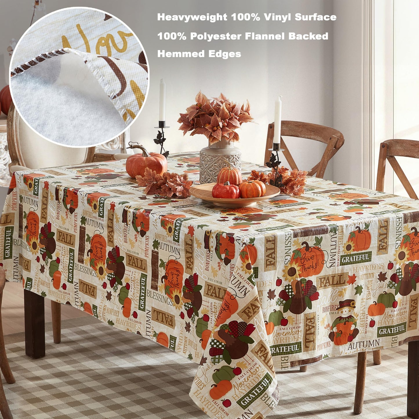 Newbridge Fall Hayride & Happy Scarecrow Vinyl Tablecloth with Flannel Backing, 52 x 70 Inch Rectangle – Gingham Turkeys & Pumpkins Rustic Thanksgiving Table Cover