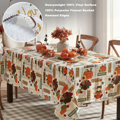 Newbridge Fall Hayride & Happy Scarecrow Vinyl Tablecloth with Flannel Backing, 52 x 70 Inch Rectangle – Gingham Turkeys & Pumpkins Rustic Thanksgiving Table Cover
