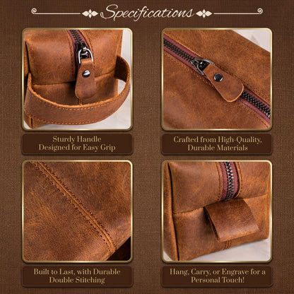 Personalized Leather Toiletry Bag for Men - Handmade Custom Travel Size Dopp Kit, Gift for Graduation, Husband, Boyfriend, Birthday, Wedding, Anniversary, Groomsmen, Grandpa, Him, Father’s Day Gifts