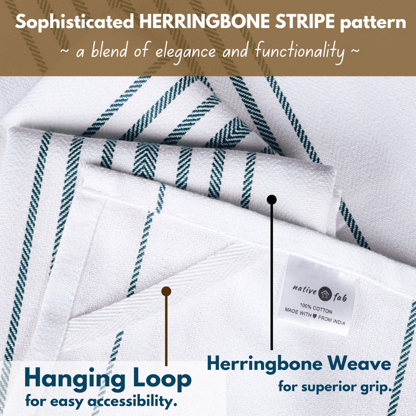 Native Fab Stripe Kitchen Towels 4 Pack Scandia Herringbone Weave 16"x26" - Cotton Kitchen Cloth, Super Absorbent Dish Towels, Multi Purpose Quick Dry Kitchen Washcloths - Teal Green White