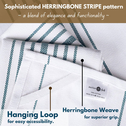 Native Fab Stripe Kitchen Towels 4 Pack Scandia Herringbone Weave 16"x26" - Cotton Kitchen Cloth, Super Absorbent Dish Towels, Multi Purpose Quick Dry Kitchen Washcloths - Teal Green White