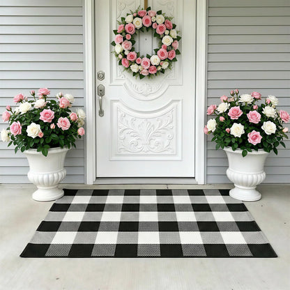 WAYYE Buffalo Plaid Outdoor Rug 27.5" x 43" Black and White Checkered Area Rug Washable Doormats Indoor Outdoor Rugs for Layered Front Door Mats, Porch, Entryway, Kitchen, Farmhouse