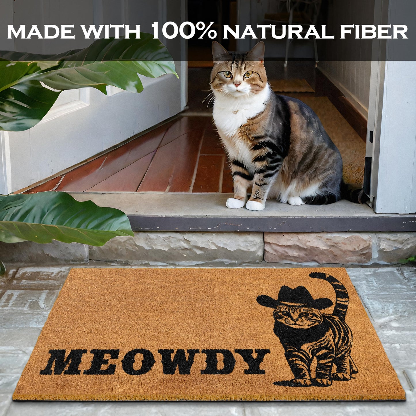 MAINEVENT Meowdy Doormat 30x17 Inch, Cat Front Door Mat for Covered Outdoor Area, Black Cat Welcome Mats for Front Door Gift, Coir Outdoor Doormat