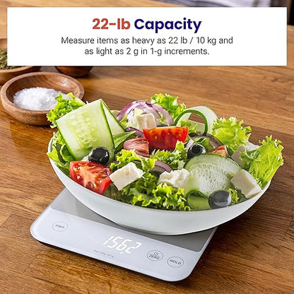 Etekcity Food Kitchen Scale, 22lb Digital Weight Scale Grams and Ounces Rechargeable Waterproof Tool for Weight Loss, Cooking, Baking, Meat, Bread, Large 0.05oz/1g Accuracy