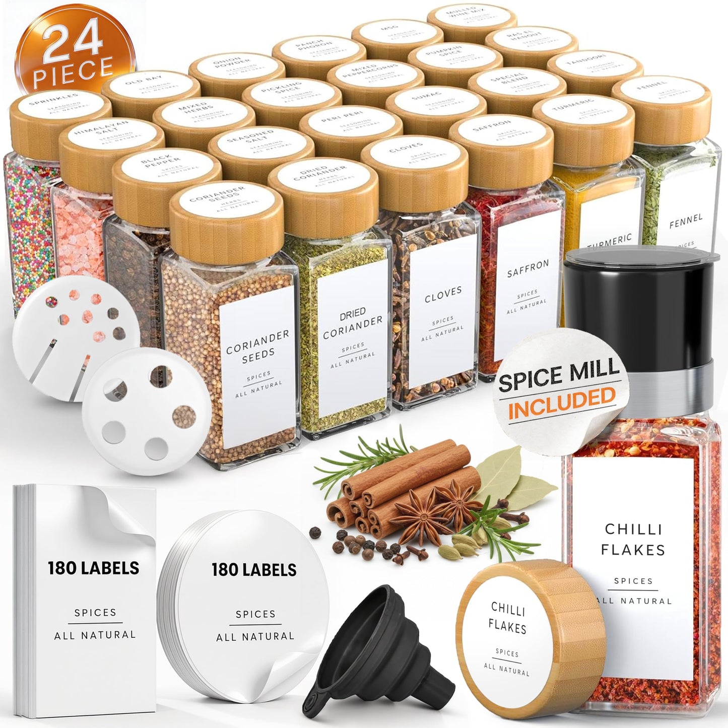 Livabl Glass Spice Jars with 360 Labels -24 pcs- 4oz- Spice Containers with Bamboo Lids -Shaker Lids- Pepper Grinder-Spice Organization for Cabinet-Drawer-Rack-Seasoning Organizer-Square bottles
