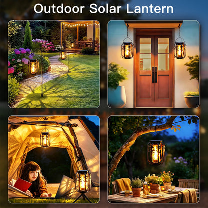 Ollny 2 Pack Solar Lanterns Outdoor Waterproof, Upgraded Flickering Flame Solar Lights Outdoor, Dual Charging (USB/Solar), 4 Modes Hanging Solar Lantern for Yard Patio Path Tree Garden Decor