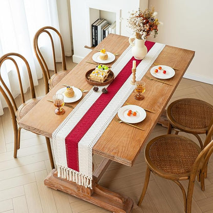 FEXIA 4th of July Table Runner for Home Decor with Tassels 72 Inches Long Farmhouse Red Rustic Boho Table Runner Macrame Burlap Table Decoration for Living Room Bridal Shower(12x72 Inches)