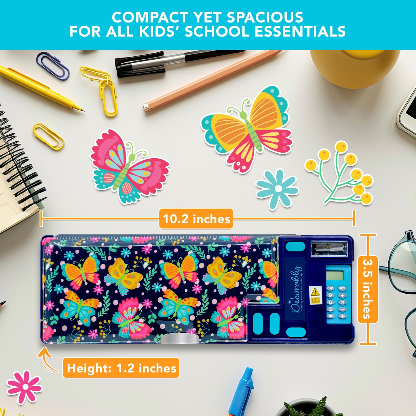 Decorably Pop Up Butterfly Multifunctional Pencil Case for Girls with Calculator, Sharpener, Pen Slots, Mini Drawer and 2 Main Compartments with Magnetic Closure - Back to School Gift for Kids