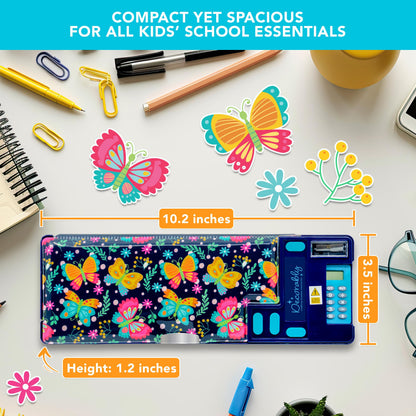 Decorably Pop Up Butterfly Multifunctional Pencil Case for Girls with Calculator, Sharpener, Pen Slots, Mini Drawer and 2 Main Compartments with Magnetic Closure - Back to School Gift for Kids