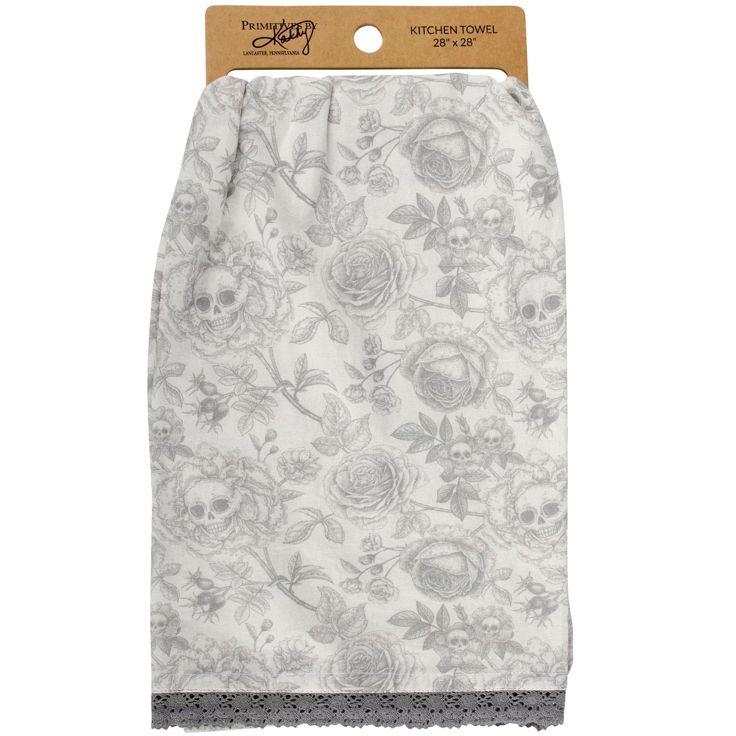 Primitives by Kathy Decorative Kitchen Towel, from Our Halloween Collection displays a Spooky Monochrome Pattern of Skull Flowers and Roses with a complementing Gray lace Trim