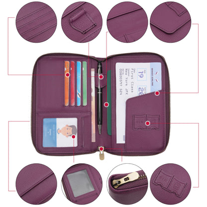 WASON Leather Zipper Travel Passport Wallet Holder RFID Blocking Cover, Passport case Pocket Slot for Card, Cash, ID, Boarding Pass and Ticket for Men, Women and Family Trips (Purple)