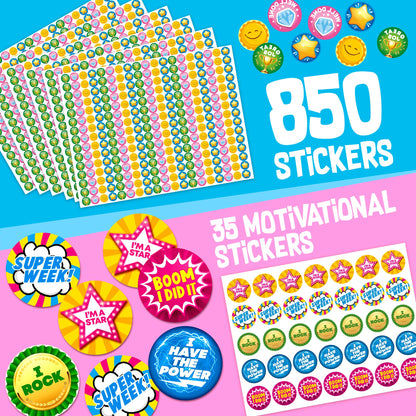 Behavior Reward System - Pad with 15 Chore Charts for Kids, 850 Stickers to Motivate Responsibility & Good Habits