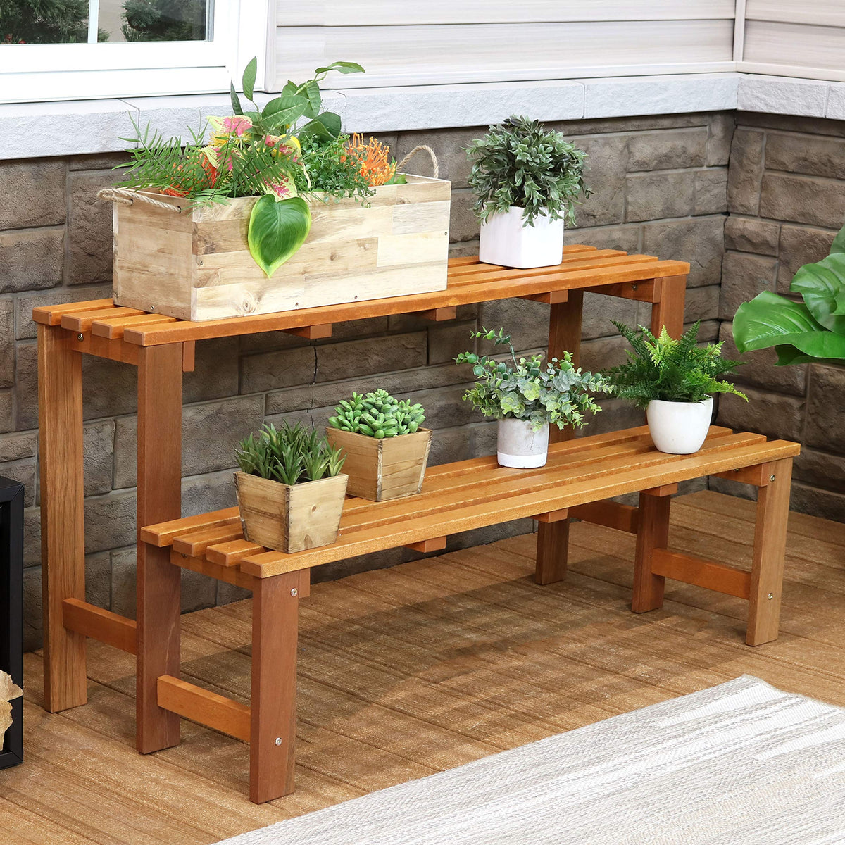 Sunnydaze 2-Tier Meranti Wood Plant Stand for Indoor and Outdoor Use - Garden Shelf with Teak Oil Finish for Patio, Porch, Balcony, and Living Room - Heavy Duty 100 lb Per Level Capacity - 47 in