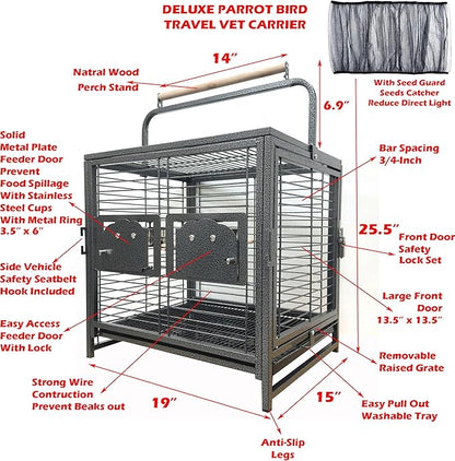 Deluxe Portable Durable Wrought Iron Bite-Proof Bird Travel Parrot Vet Carrier Cage Prevent Beaks Out Pet Products for Parrots Conures Cockatiel Amazon African Grey Include Cage Cover
