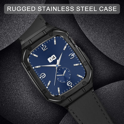 HASLFM Stainless Steel Case and Leather Band Compatible with Apple Watch 45mm for Men,Genuine Leather Apple Watch Strap and Metal Cover for iWatch Series 9 8 7,Black