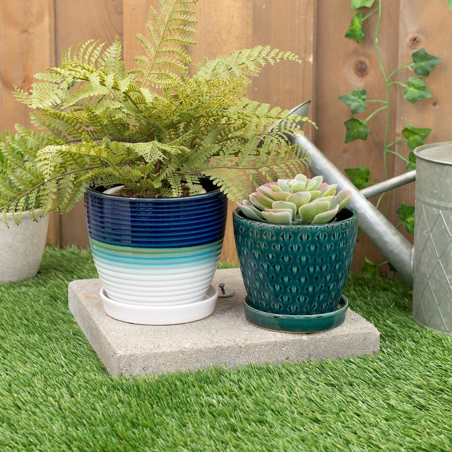 Napco Geometric Triangle 4.75 x 5.5 Inch Teal Green Ceramic Flower Pot Planter with Saucer