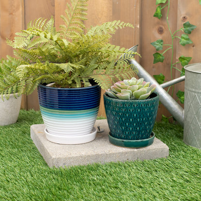 Napco Geometric Triangle 4.75 x 5.5 Inch Teal Green Ceramic Flower Pot Planter with Saucer