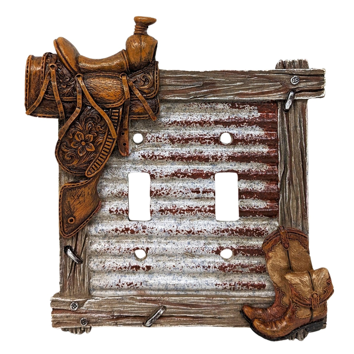 BestGiftEver Double Toggle Decorative Light Switch Cover Plate with Saddle and Boots Accents - Rustic Electrical Switch Plate for Lodge Cabin House Style Ideal for Western Cowboy Theme Enthusiasts