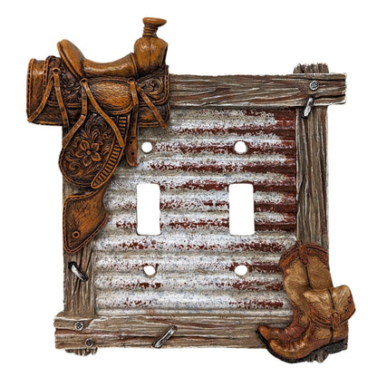 BestGiftEver Double Toggle Decorative Light Switch Cover Plate with Saddle and Boots Accents - Rustic Electrical Switch Plate for Lodge Cabin House Style Ideal for Western Cowboy Theme Enthusiasts