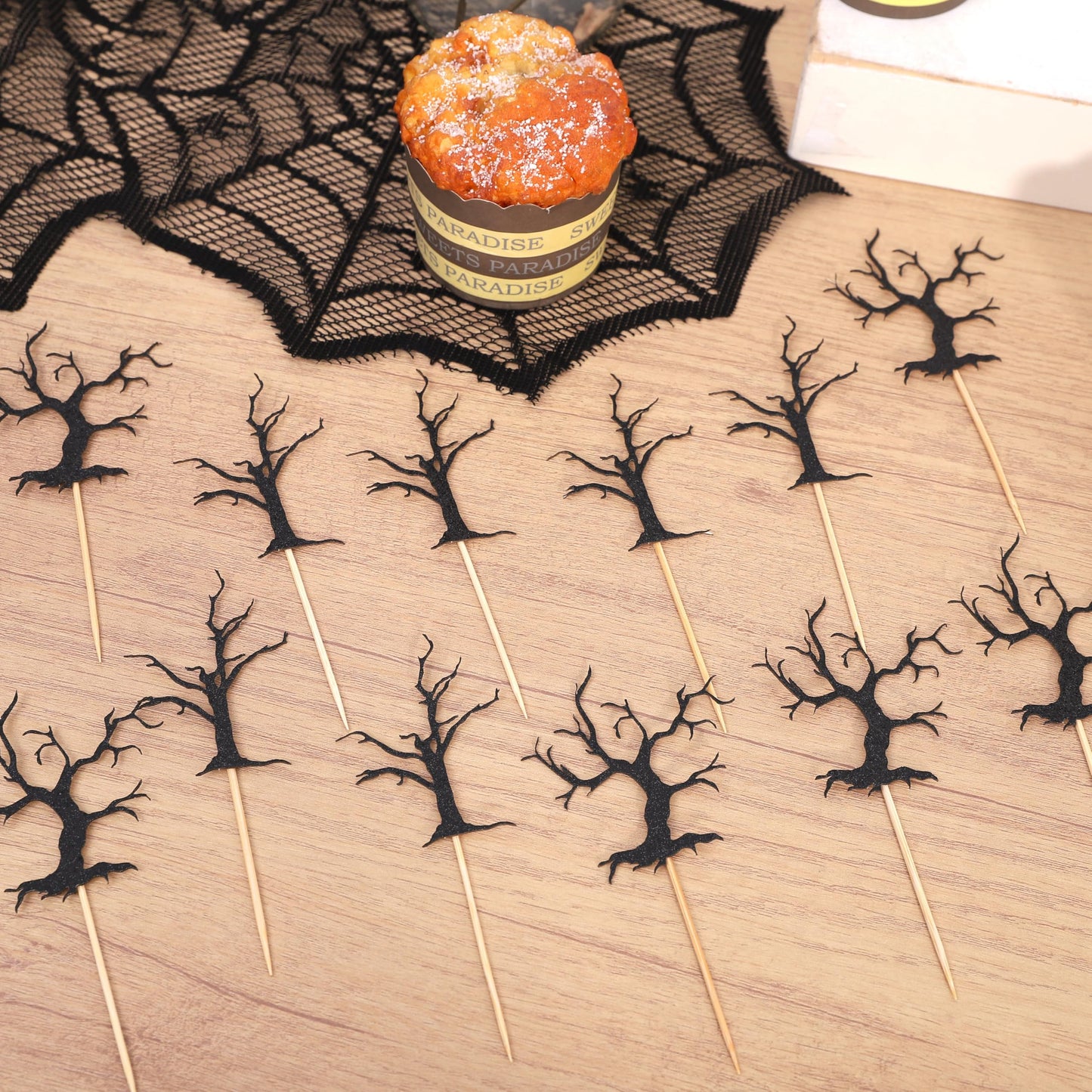 Haunted Forest Halloween Cupcake Topper - Haunted House Theme Baby Shower Party Decoration, Black Glitter Spooky Tree Cupcake Decoration, Halloween Birthday Party Supplies, Cake Smash Photo Props