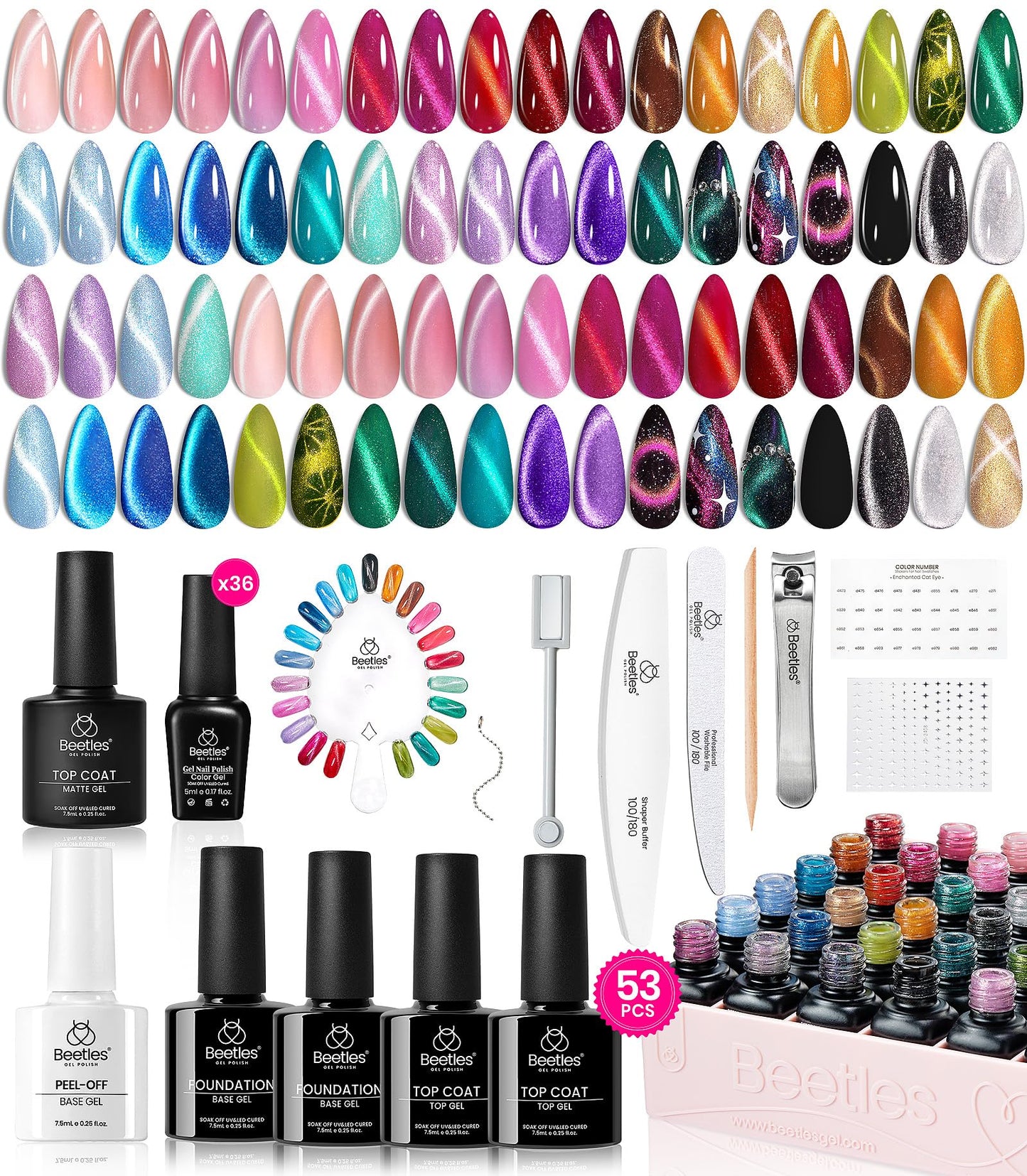 Beetles Cat Eye Gel Polish Set - 24Pcs 20 Colors Glitter Dark Color Changing Gel Nail Polish Kit with Base Gel Glossy Matte Top Coat Soak off UV DIY Nail Art Salon Ombre Black Nails Gift
