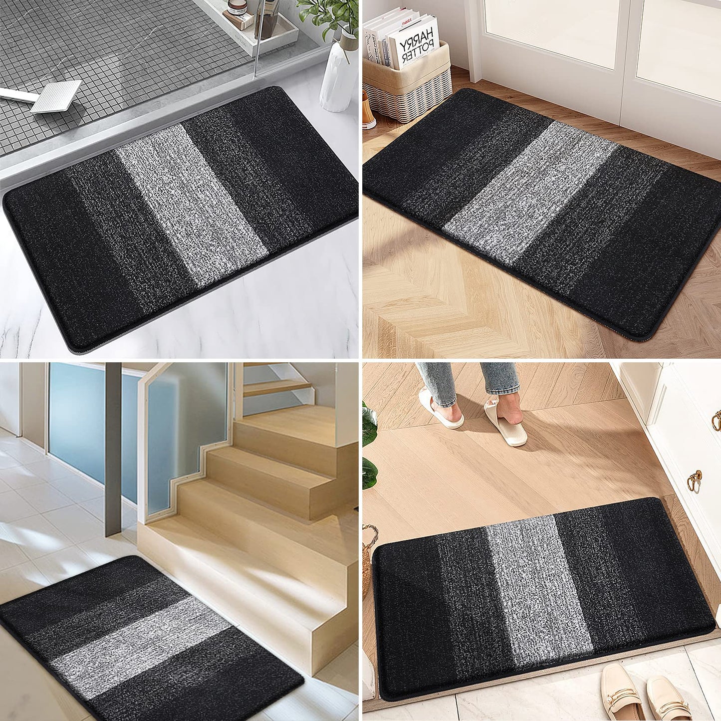 Kitinjoy Indoor Outdoor Door Mat, 36x24 Non-Slip Absorbent Dirt Trapper, Low-Profile Washable Inside Entrance Front Floor Mat, Sturdy Soft Entry Doormats for Entryway, Black