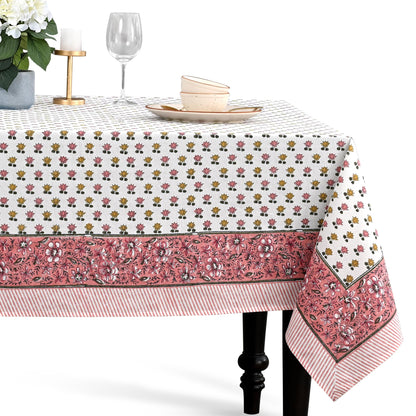 CPC Rosette Bloom Tablecloth 100% Cotton 60x60 Inch Indian Block Print Rectangle Table Cover, Table Cloth for Gifting in Weddings, Halloween, Fall, Christmas, Thanksgiving