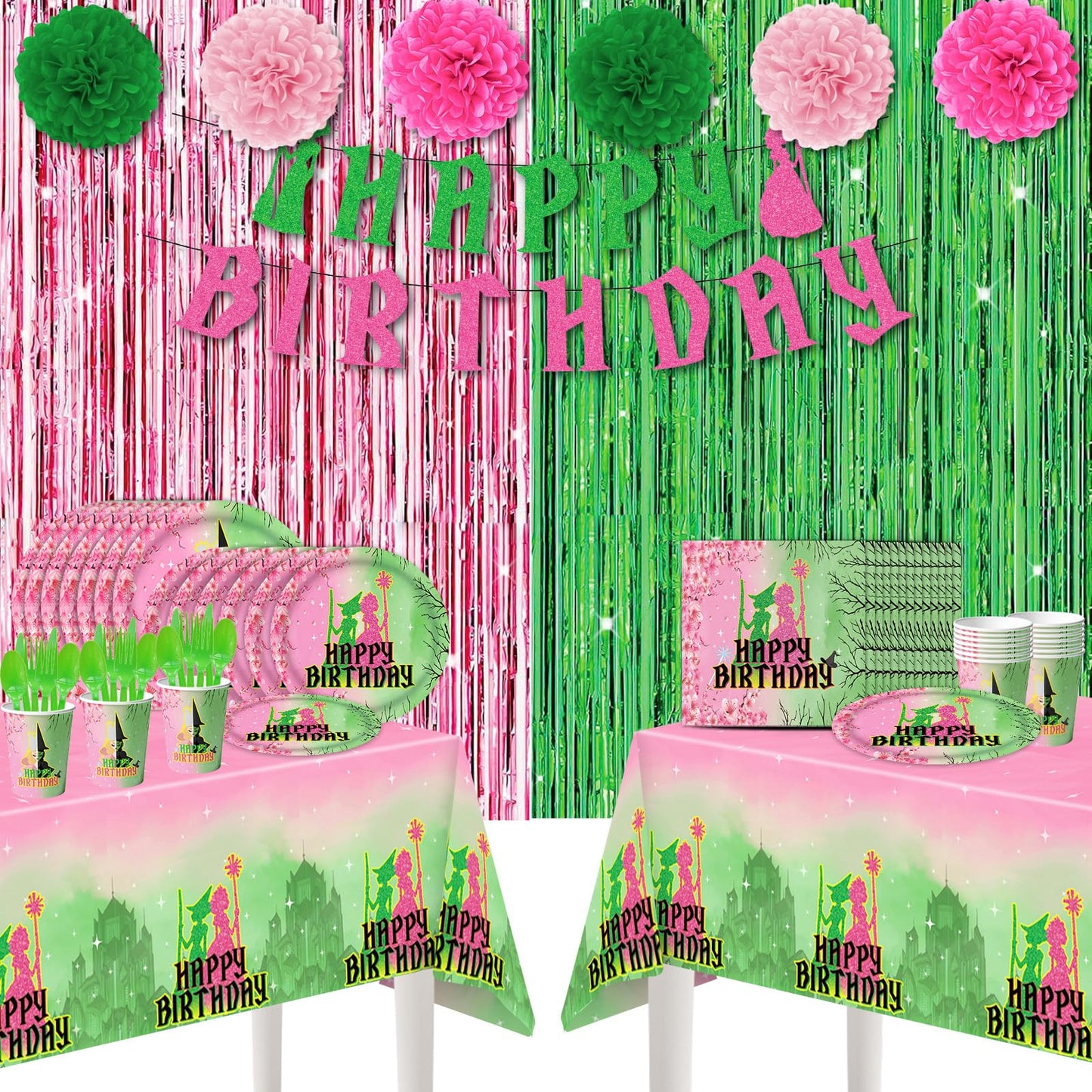 179Pcs Pink and Green Witch Party Decorations Tableware,Witch Table Centerpieces Movie Themed Birthday Party Supplies Include Banner Paper Pom Poms Plates Knives Forks Cups Set for Severs
