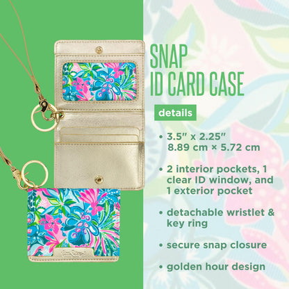 Lilly Pulitzer Snap ID Card Case, Cute Blue Keychain Wallet, Slim Credit Card Holder with Wristlet Strap, Golden Hour