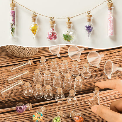 Honeydak 100 Pcs Small Mini Glass Bottles Jars with Cork Stopper Set Potion Bottle Tiny Refillable Wishing Bottles Drifting Bottle with Eye Screw Funnel Rope for DIY Bead Containers, 10 Shapes