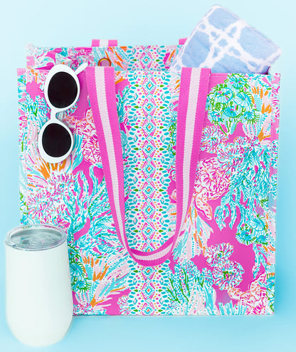 Lilly Pulitzer Pink Market Shopper Bag, Reusable Grocery Tote, Shoulder Bag for Produce or Travel, Seaing Things (Pack of 2)