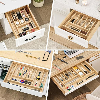 Clikuutory Natural Birch Wood Utensil Drawer Insert Organizer with 7 Compartments, Space-Saving Sturdy Drop-In Cutlery Divider Tray, Kitchen Cabinet Storage for Silverware, Spoons, Forks and Knives