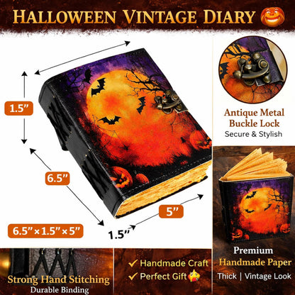 cuero Leather Halloween Journal with Pumpkin & Bat Print, Vintage Handmade Diary with Antique Metal Lock, Thick Handmade Paper, Gothic Notebook for Writing, Sketching & Gift (6.5 x 5)