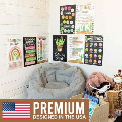 Hadley Designs 8 Calming Corner Posters for Classroom Must Haves -Calm Down Corner Supplies with Emotions Chart,School Counselor Mental Health Poster,Feelings Chart For Kids, Farmhouse Classroom Decor