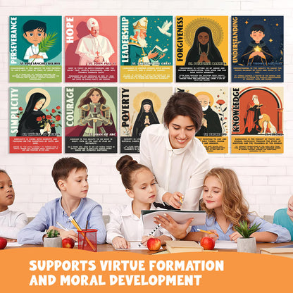 Catholic Saints Posters for Kids - Set of 16 (11x14) Unframed Christian Classroom Decor - Bible Virtues Quotes from Saints - Sunday School & Faith Bulletin Board Decorations