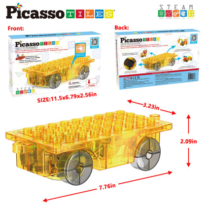 PicassoTiles Magnet Tile Motorized Car Base Self Turning Omnidirectional Truck with Light And Motor Playset Magnetic Tiles Construction Building Blocks Compatible STEM Learning Preschool Ages 3+ PTU05