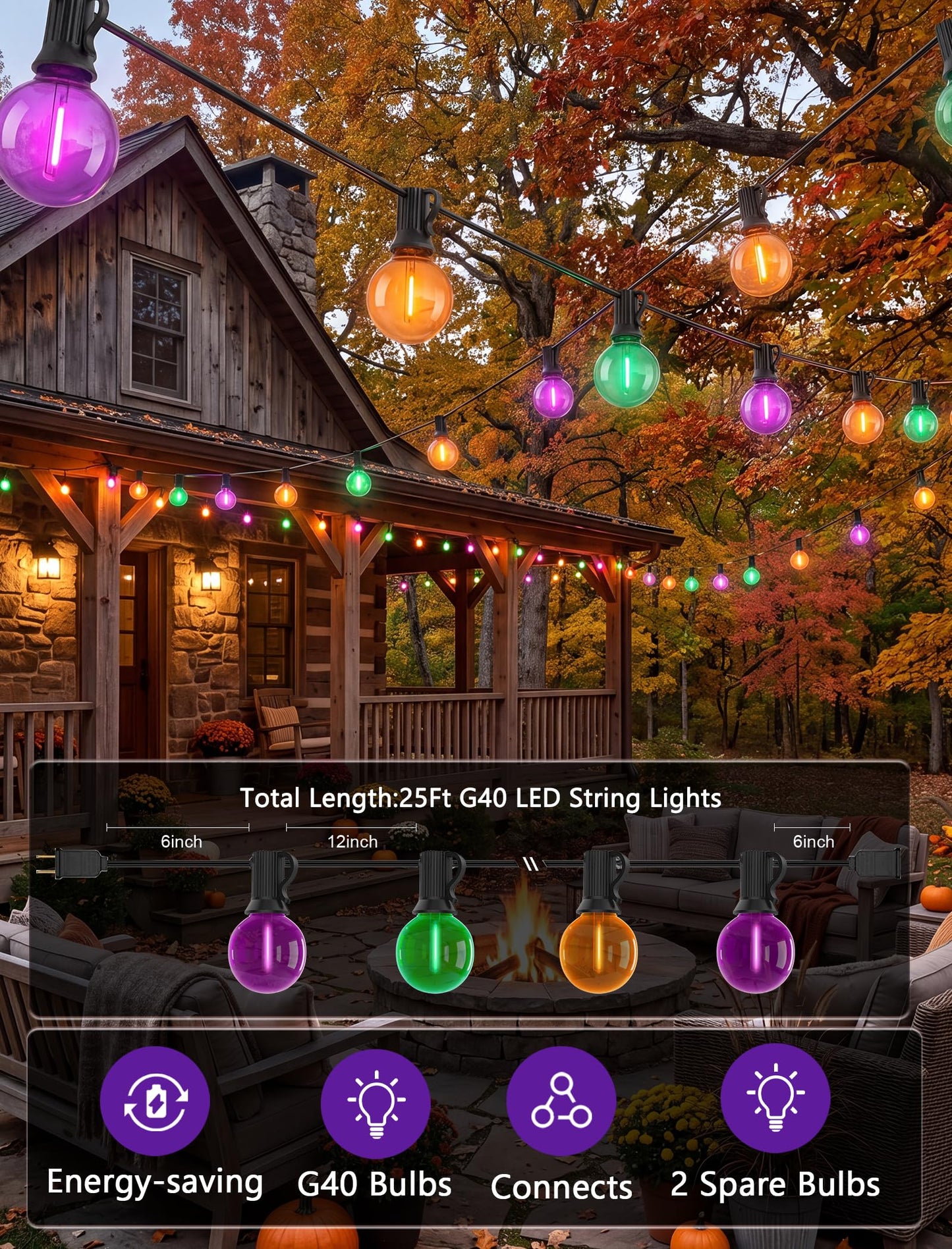 LED Outdoor String Lights 25Ft Orange Purple and Green Halloween Lights Outdoor with 27 Shatterproof LED Globe Bulbs, Connectable Halloween Decorations Lights for Home Patio Garden Christmas Party