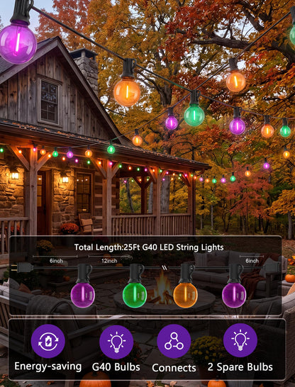 LED Outdoor String Lights 25Ft Orange Purple and Green Halloween Lights Outdoor with 27 Shatterproof LED Globe Bulbs, Connectable Halloween Decorations Lights for Home Patio Garden Christmas Party