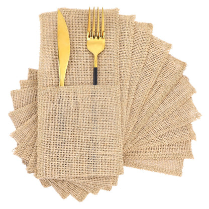 50 Pcs Natural Jute Utensils Holders, 8.8 x 4 inch Cutlery Pouch, Silverware Holder, Napkin Bag for Rustic Wedding Party Decorations