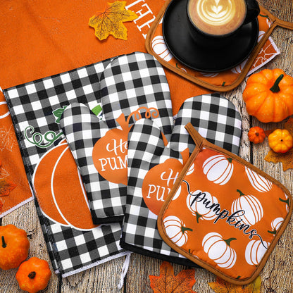 Leinuosen 6 Pack Fall Thanksgiving Kitchen Set with 2 Hello Pumpkin Dish Towels, 2 Pot Holders and 2 Buffalo Plaid Oven Mitts for Gifting, Baking and Cooking
