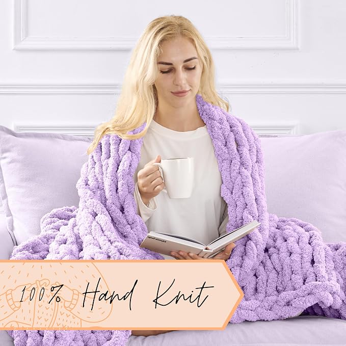 Adyrescia Chunky Knit Blanket Throw | 100% Hand Knit with Jumbo Chenille Yarn (50"x60", Pale Purple)