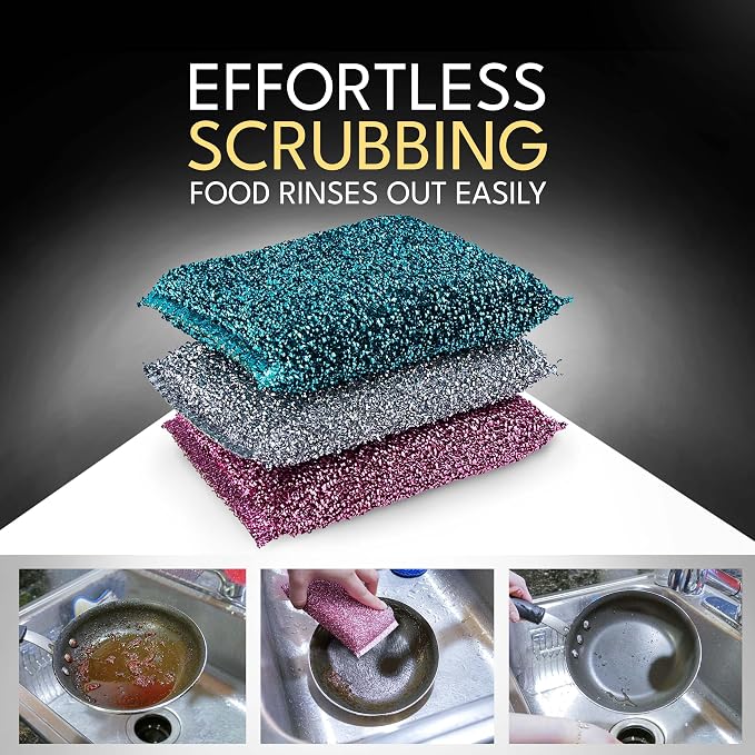 Dish Sponges for Kitchen (3 Pcs) Non-Scratch Scrub Sponges for Dishes, Pots, Pans, Glass, Stainless Steel & Nonstick Cookware–Odor-Resistant, Quick-Dry, Flexible, Durable & Reusable Cleaning Scrubbers