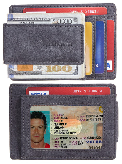 Toughergun Minimalist Wallet for Men with Magnetic Money Clip Leather Slim Wallet, Credit Card Holder RFID Blocking Front Pocket Holds Cash and Cards (Deep Grey)