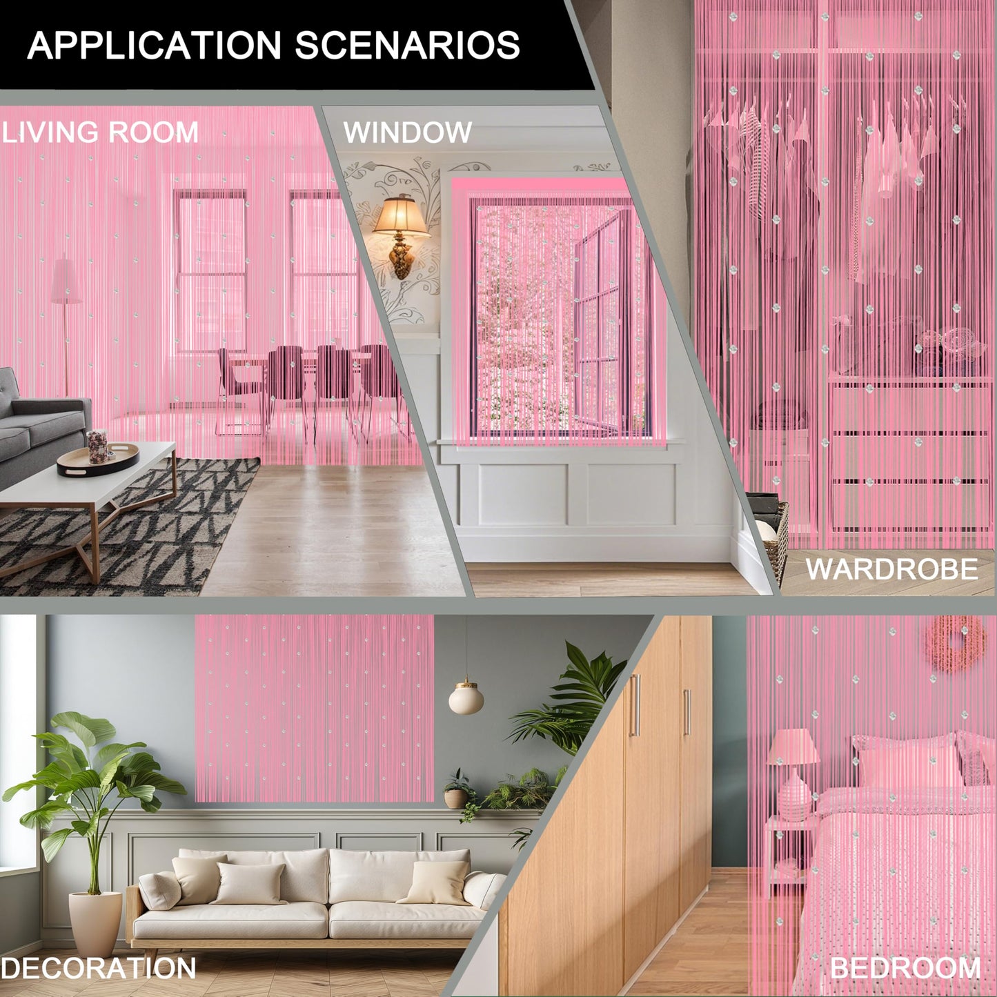 Beaded String Curtains for Doorways Boho Bedroom Decor Hanging Door Wall Beads Closet Window Curtain Room Divider Privacy Decorative (Pink, 39" W x 79" L)