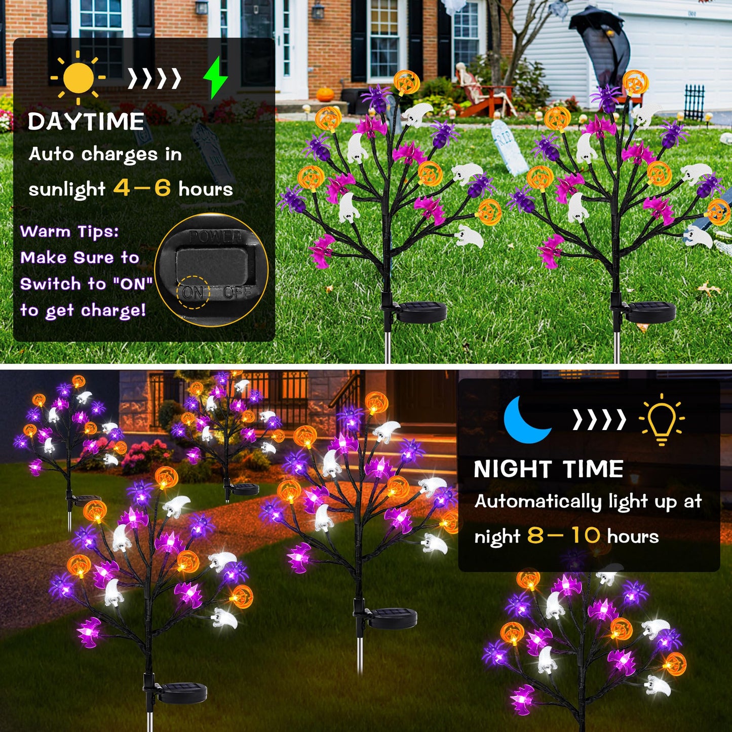 Halloween Decorations Outdoor Solar Lights, 2 Pack Halloween Lights Outdoor Solar Lights Waterproof with 20 LED Ghosts Bats Spiders Pumpkin Light, 8 Modes Solar Pathway Lights for Halloween's Decor